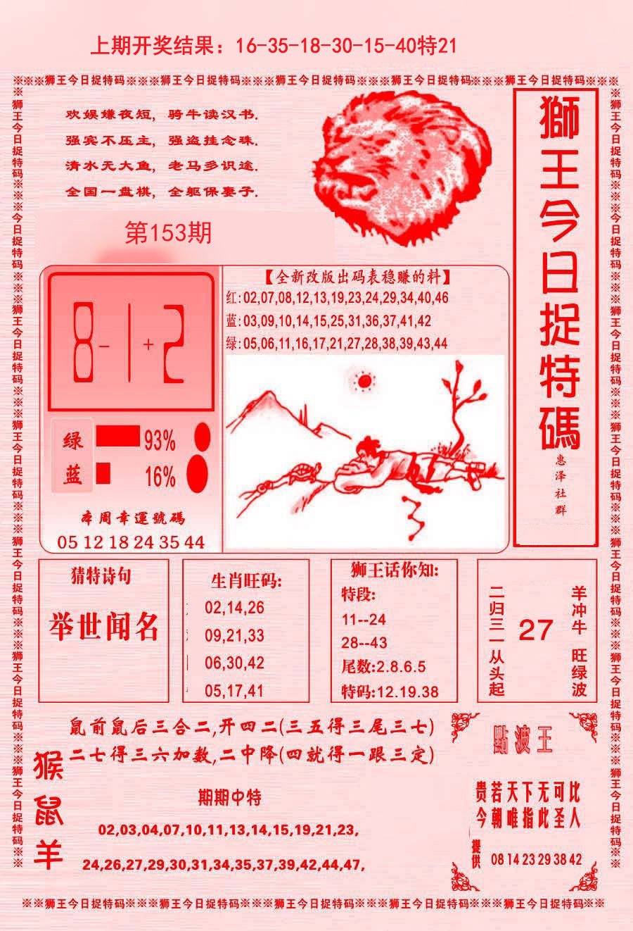 2024153期狮王今日抓特码
