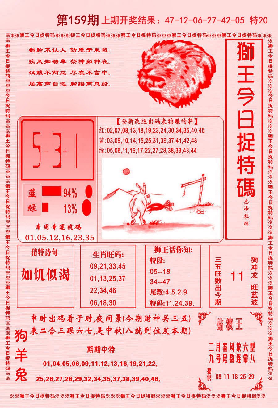 2024159期狮王今日抓特码