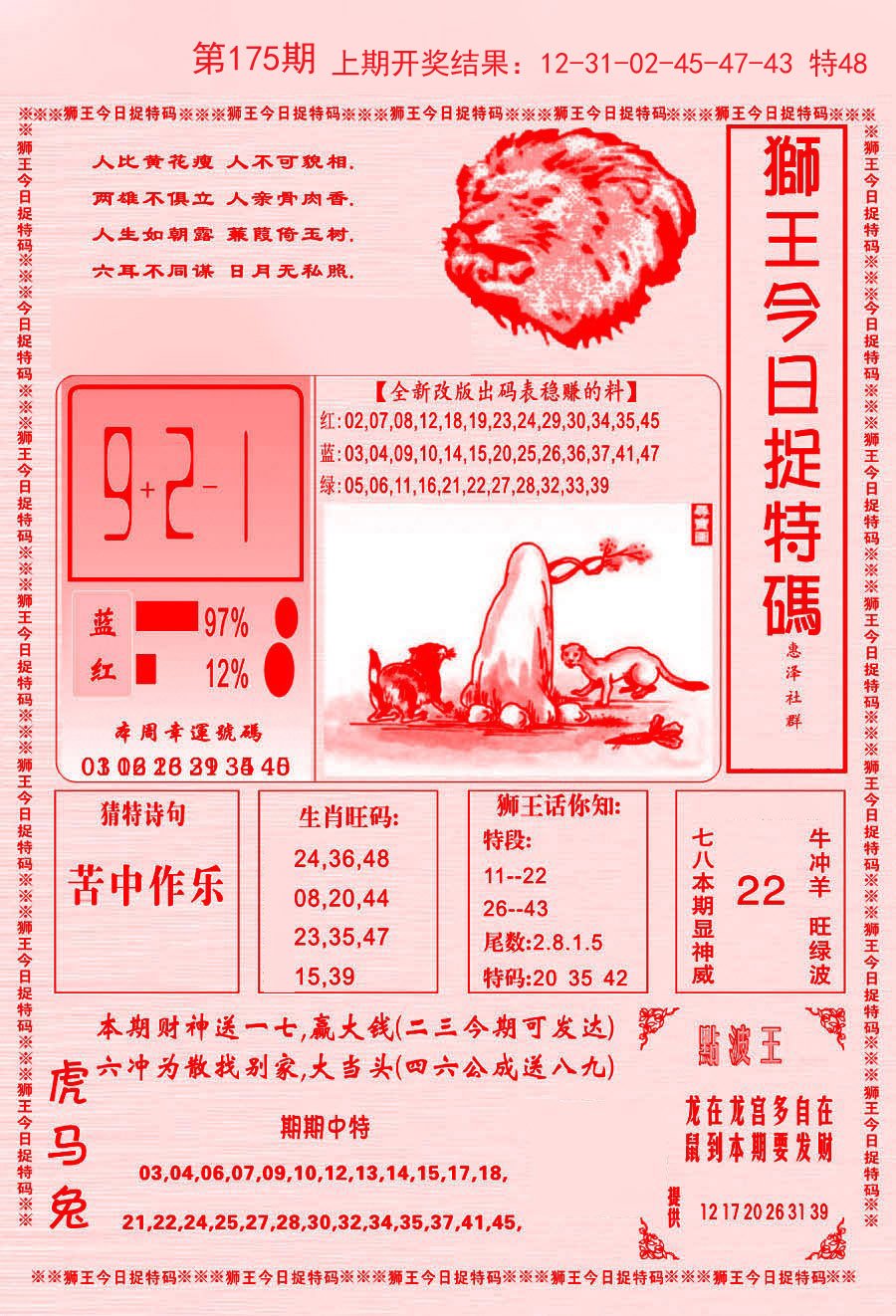 2024175期狮王今日抓特码