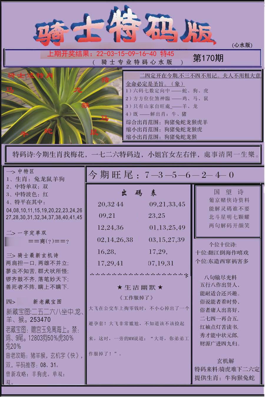 2024170期骑士特码版