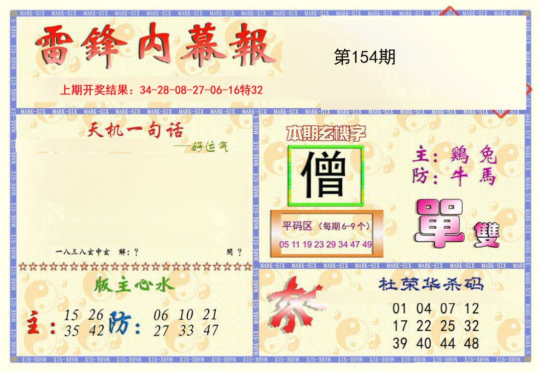 2024154期雷锋内幕报