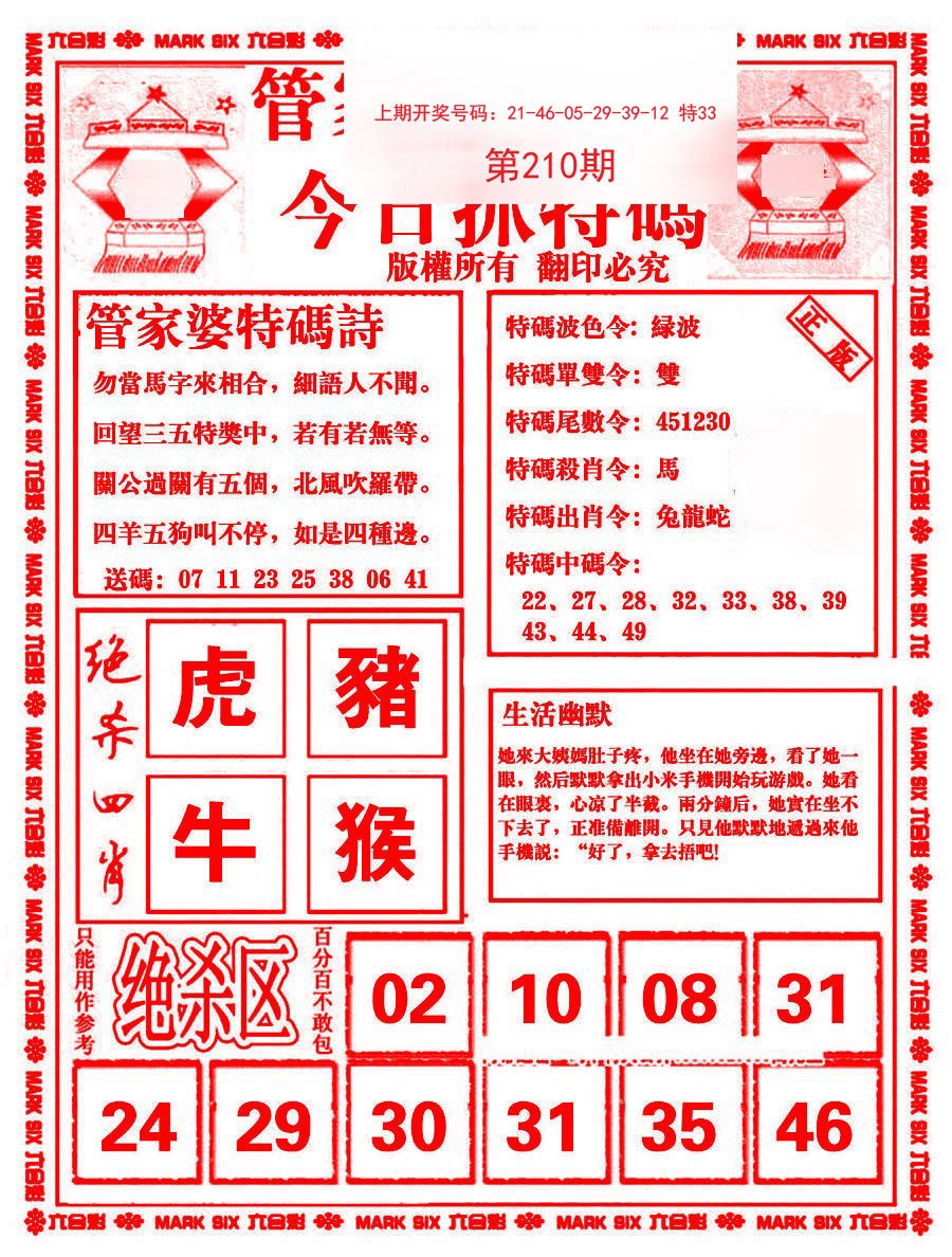 2024210期管家婆抓特码B