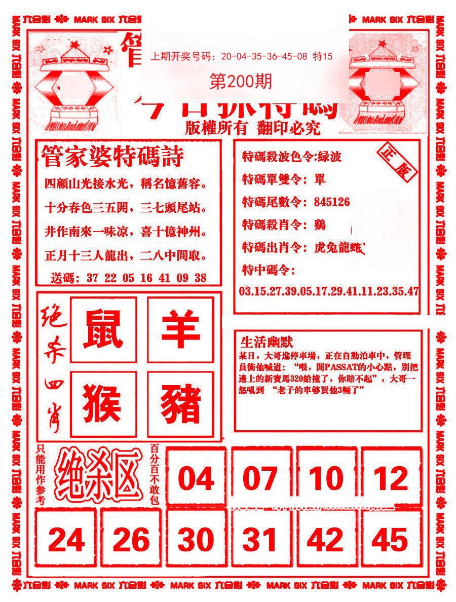 2024200期管家婆抓特码B
