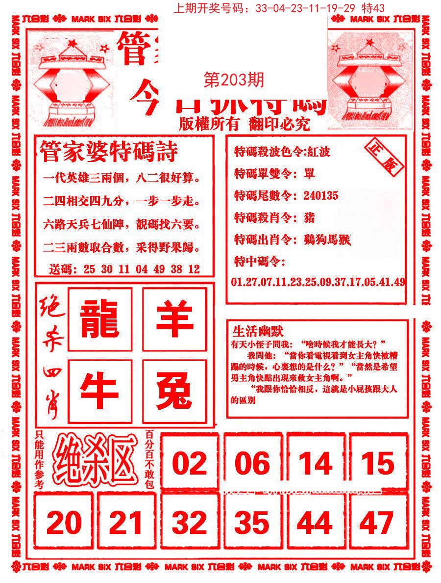 2024203期管家婆抓特码B