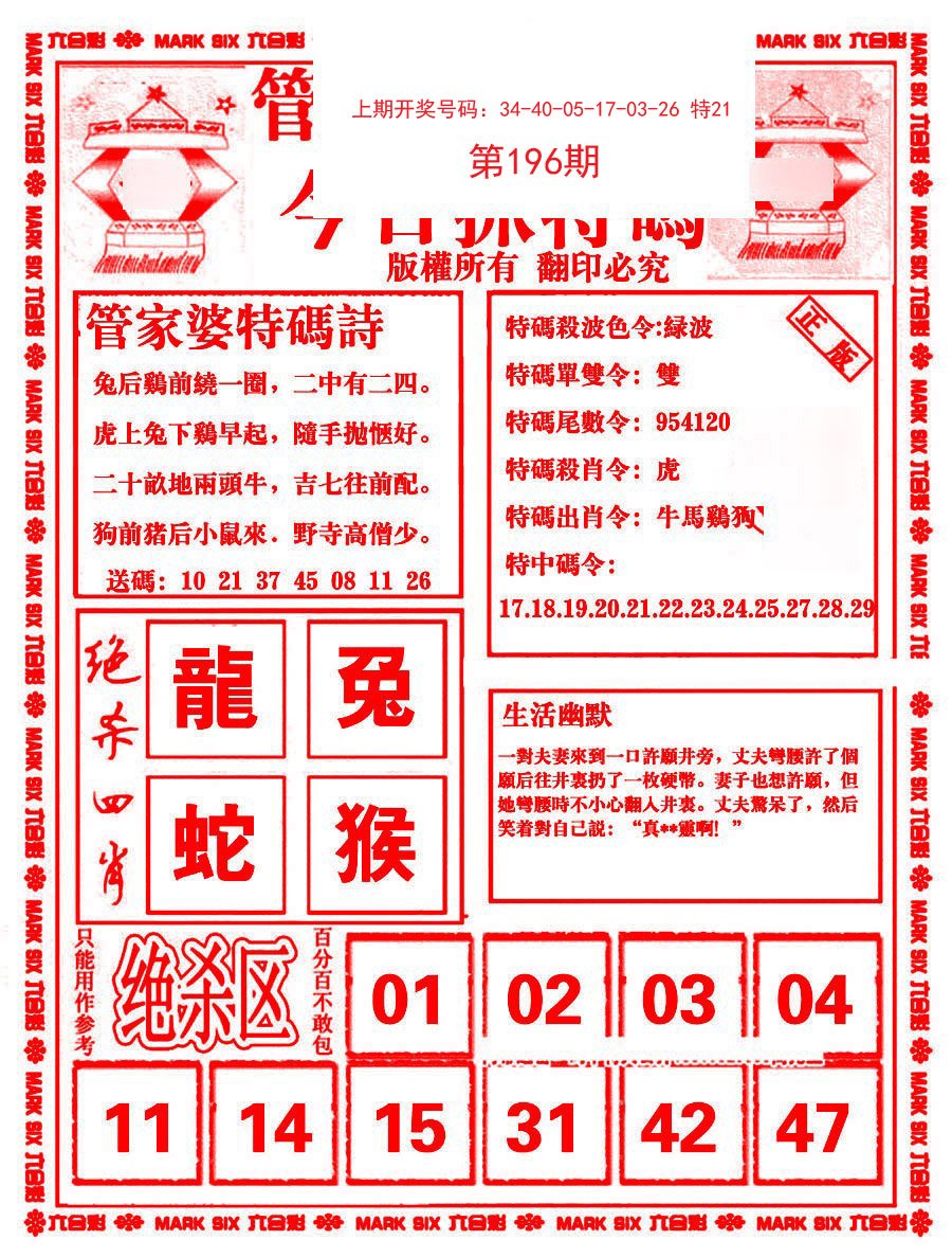 2024196期管家婆抓特码B