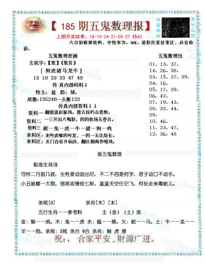 2024185期五鬼数理报