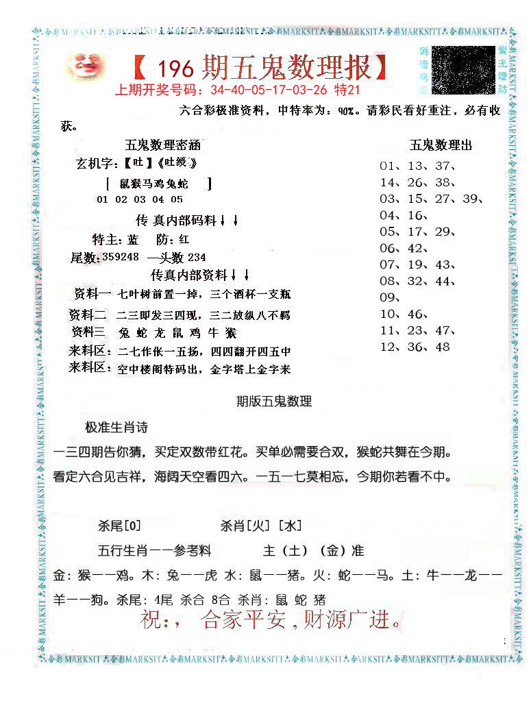 2024196期五鬼数理报