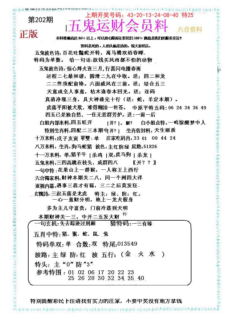 2024202期五鬼运财会员料