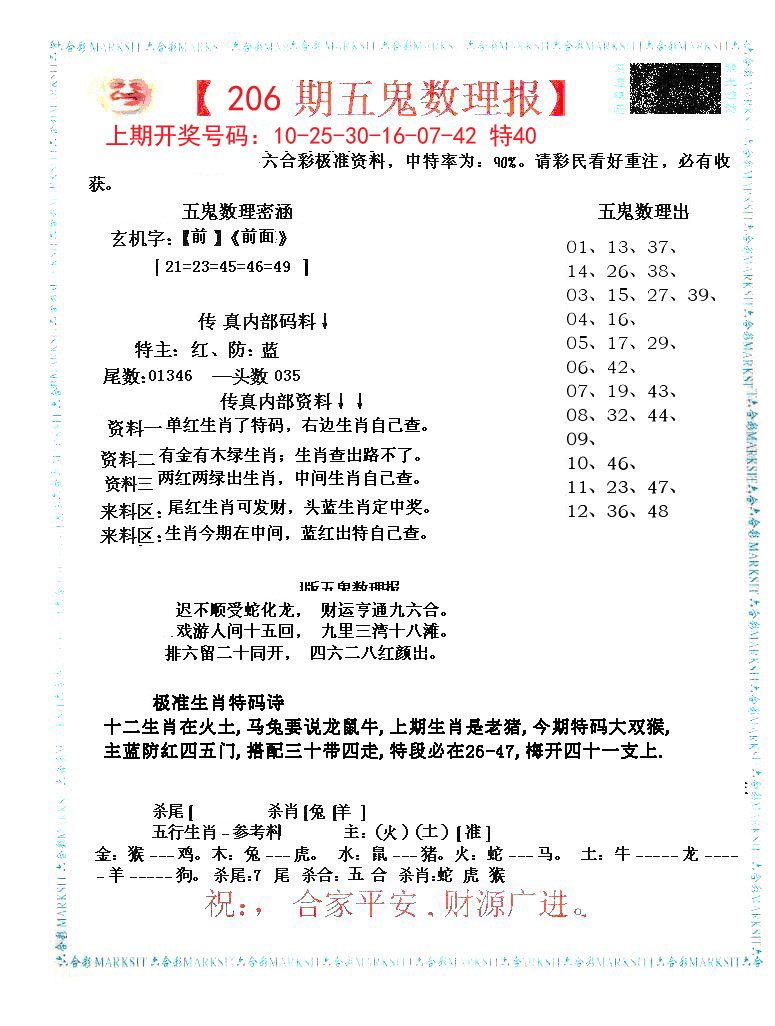 2024206期五鬼运财会员料