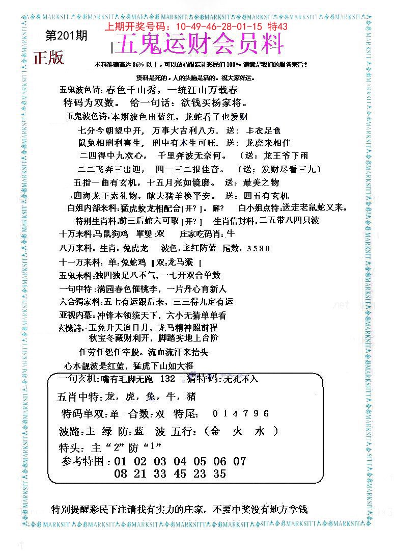 2024201期五鬼运财会员料