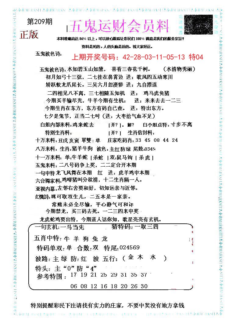 2024209期五鬼运财会员料