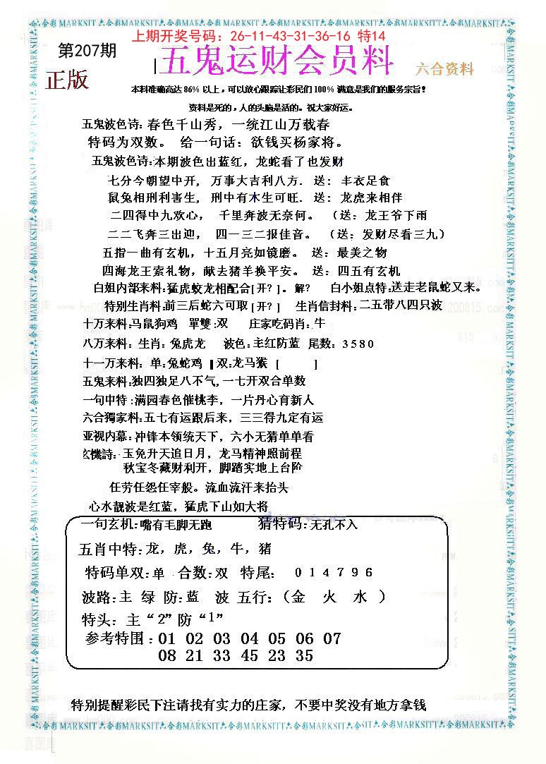 2024207期五鬼运财会员料