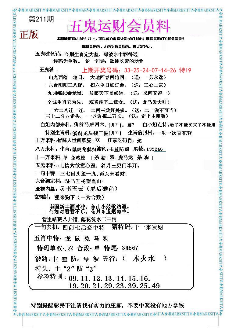 2024211期五鬼运财会员料