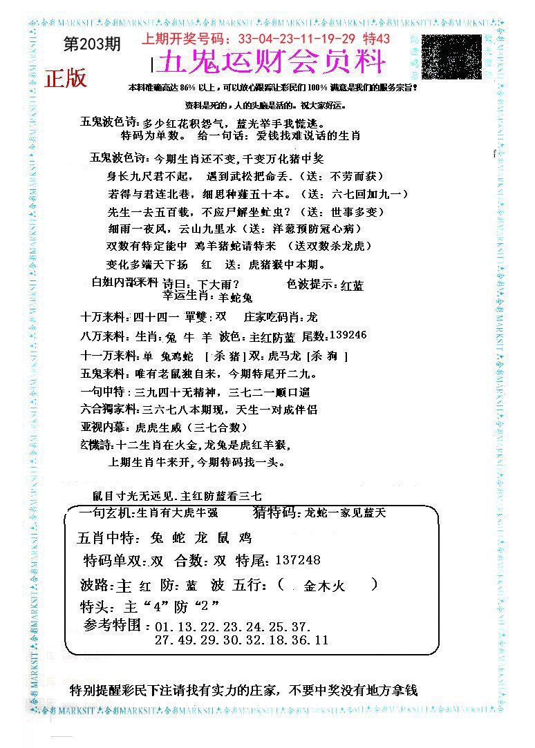 2024203期五鬼运财会员料