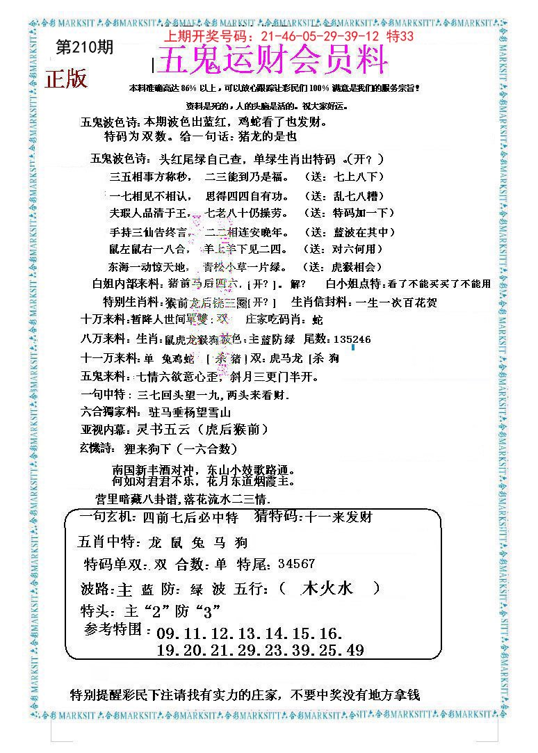 2024210期五鬼运财会员料