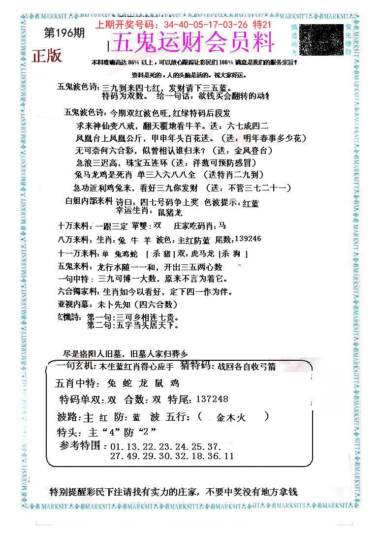 2024196期五鬼运财会员料