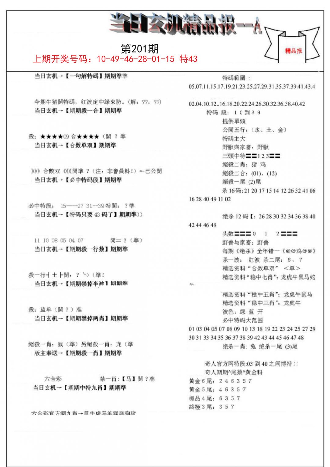 2024201期当日玄机精品报A