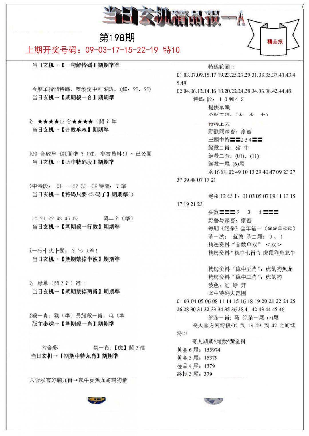 2024198期当日玄机精品报A