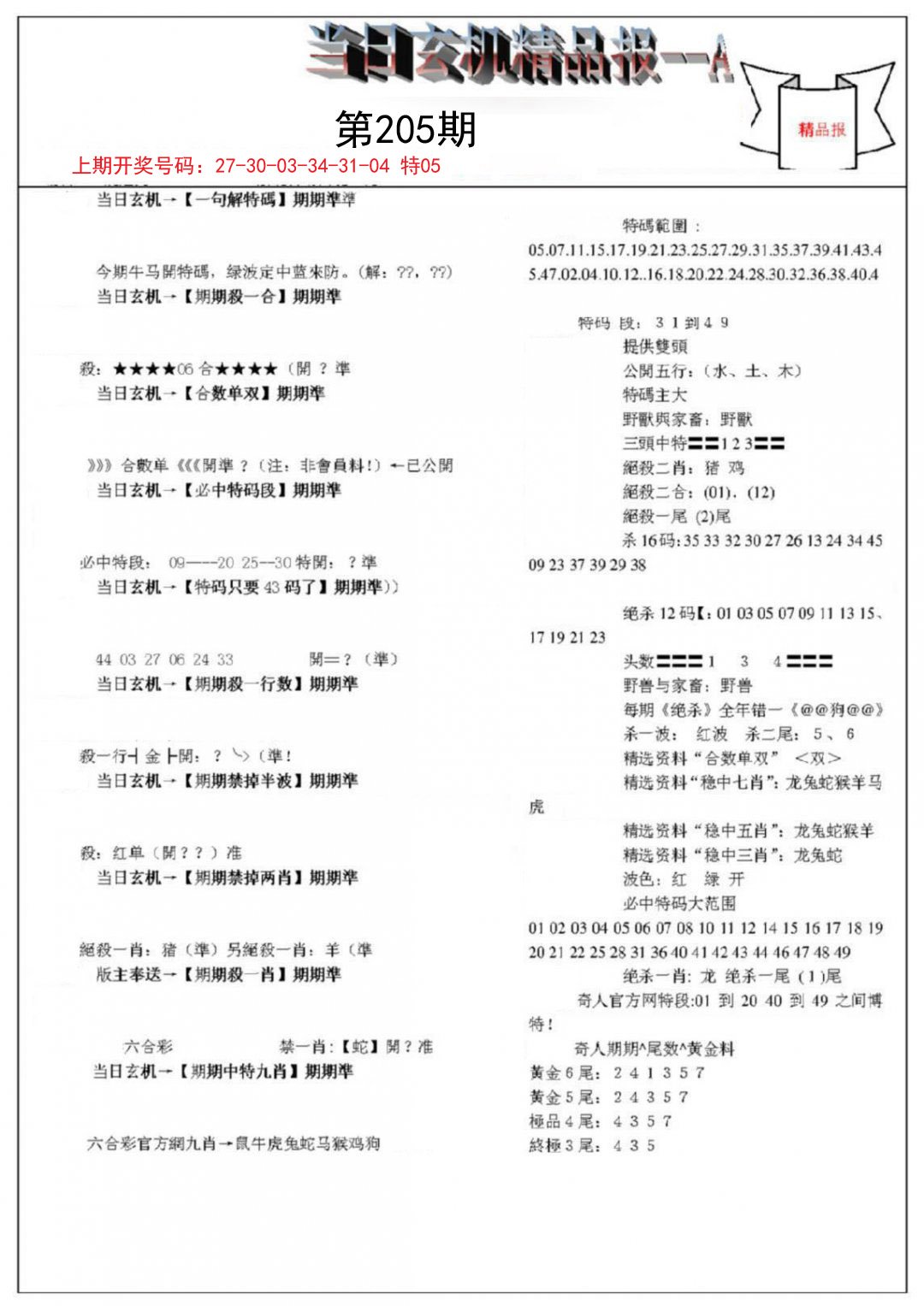 2024205期当日玄机精品报A