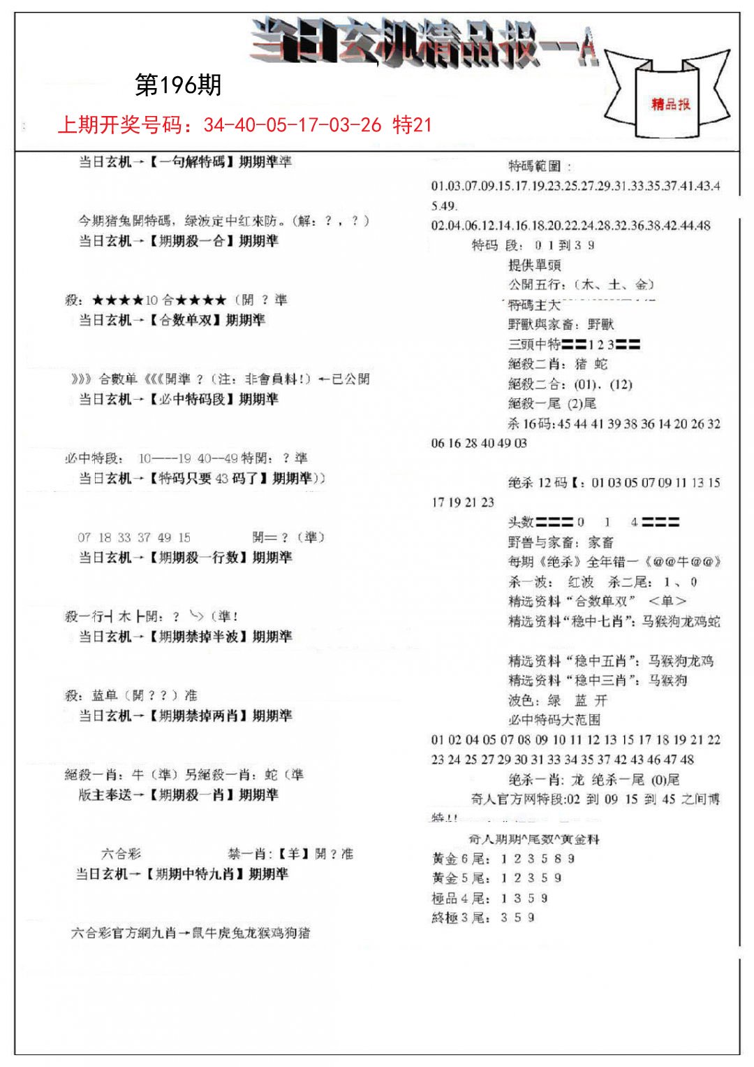 2024196期当日玄机精品报A