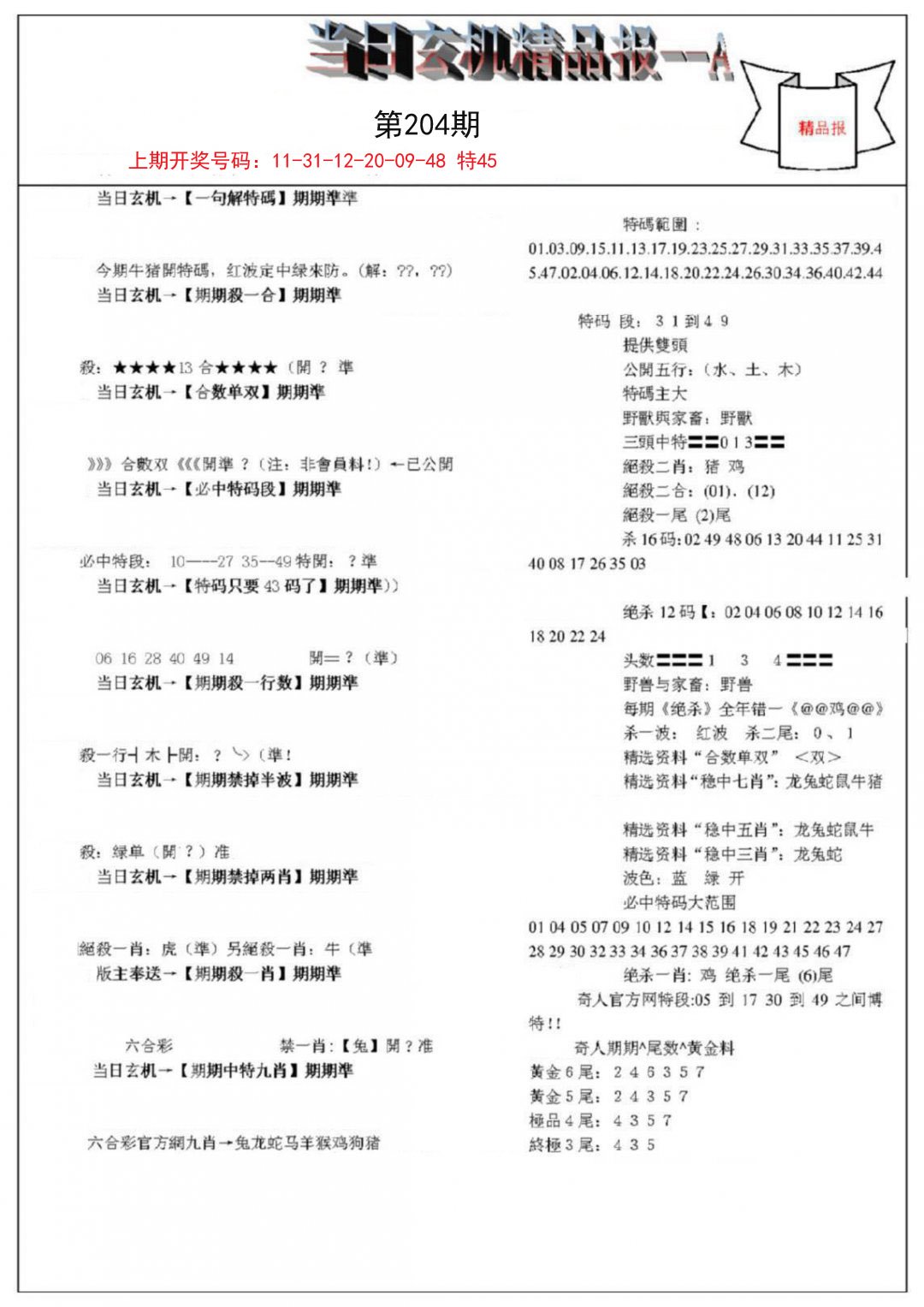 2024204期当日玄机精品报A