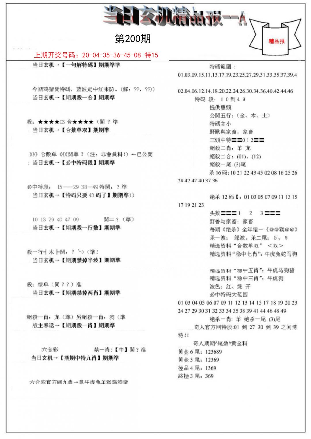 2024200期当日玄机精品报A