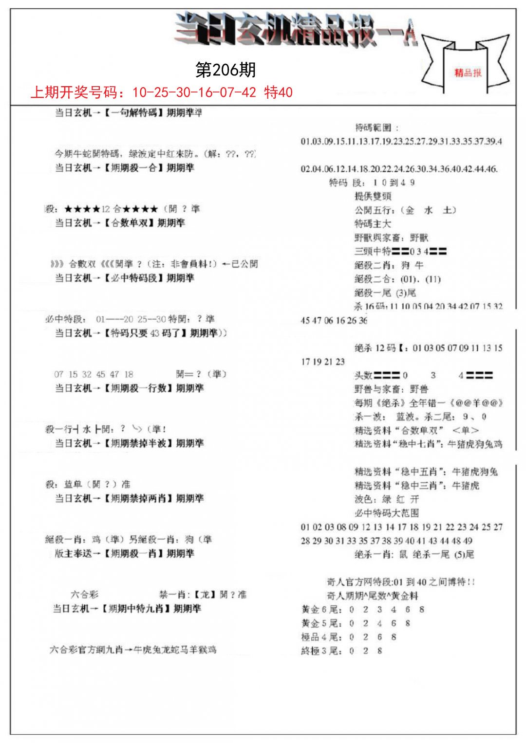2024206期当日玄机精品报A