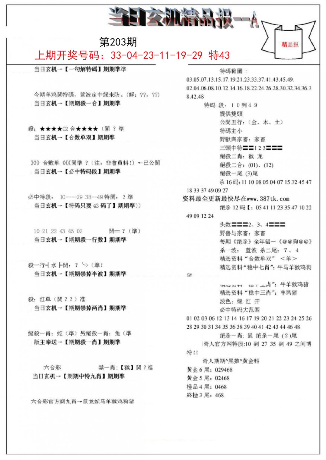 2024203期当日玄机精品报A