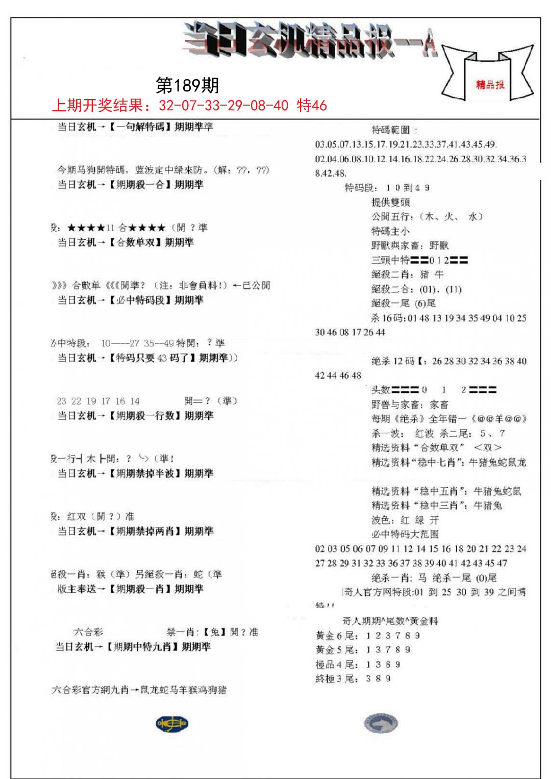2024189期当日玄机精品报A