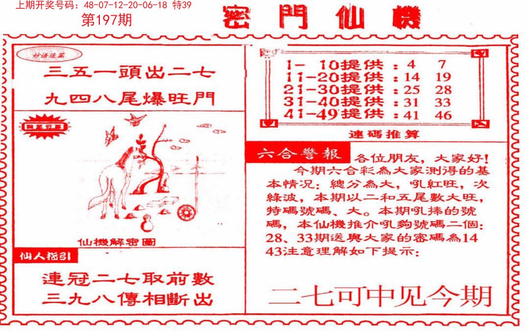 2024197期新密门仙机