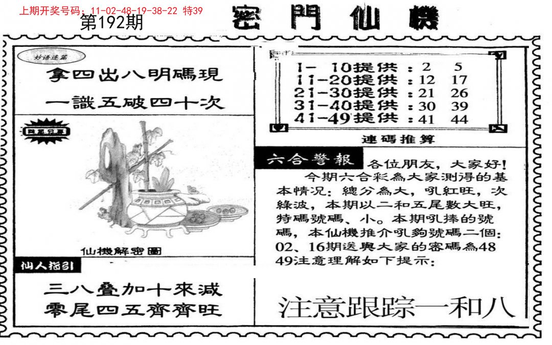 2024192期新密门仙机