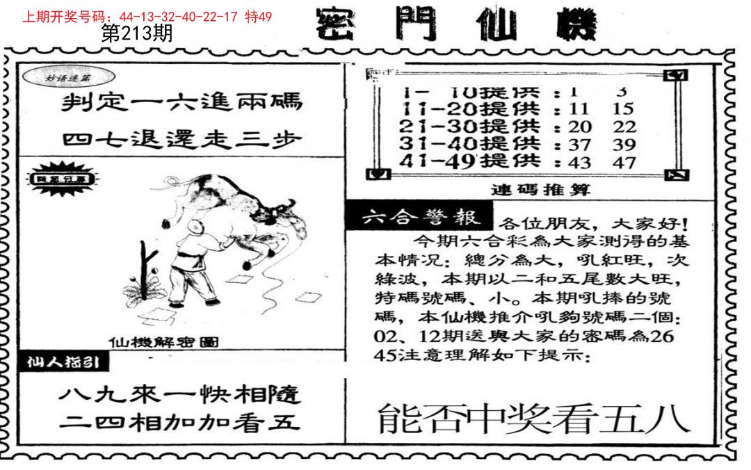 2024213期新密门仙机