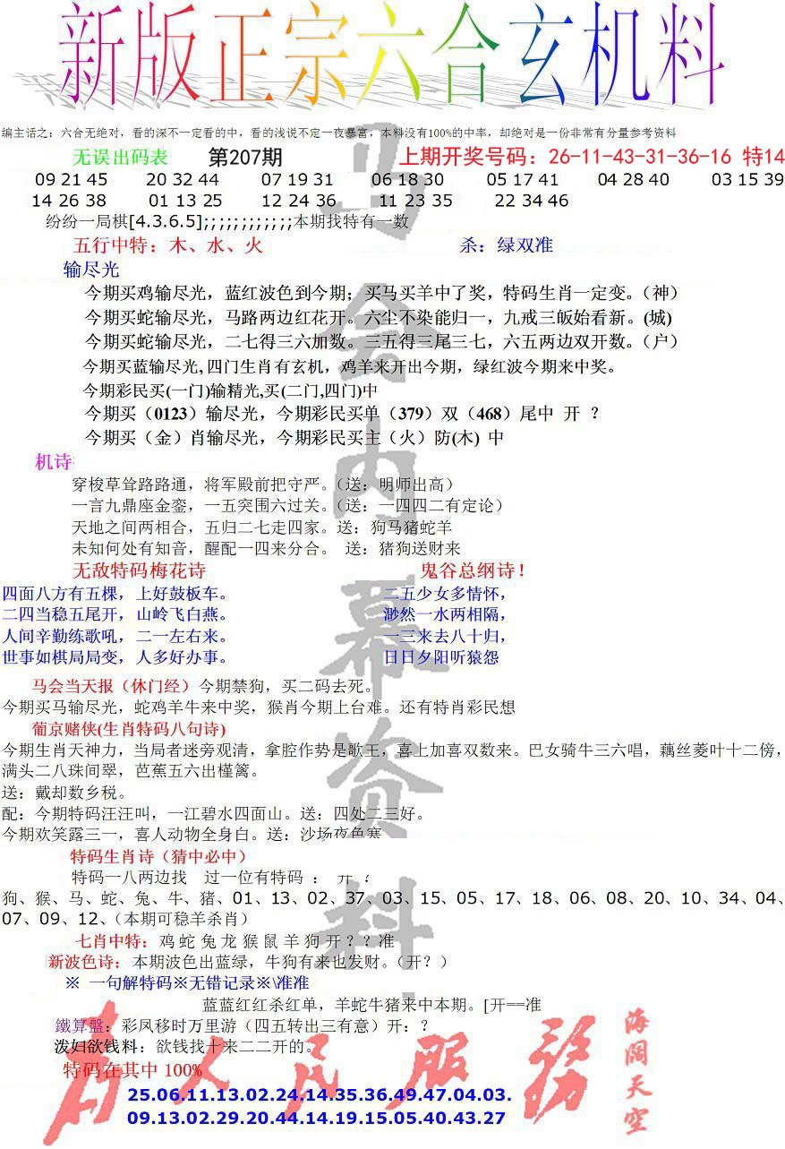 2024207期正宗六合玄机料