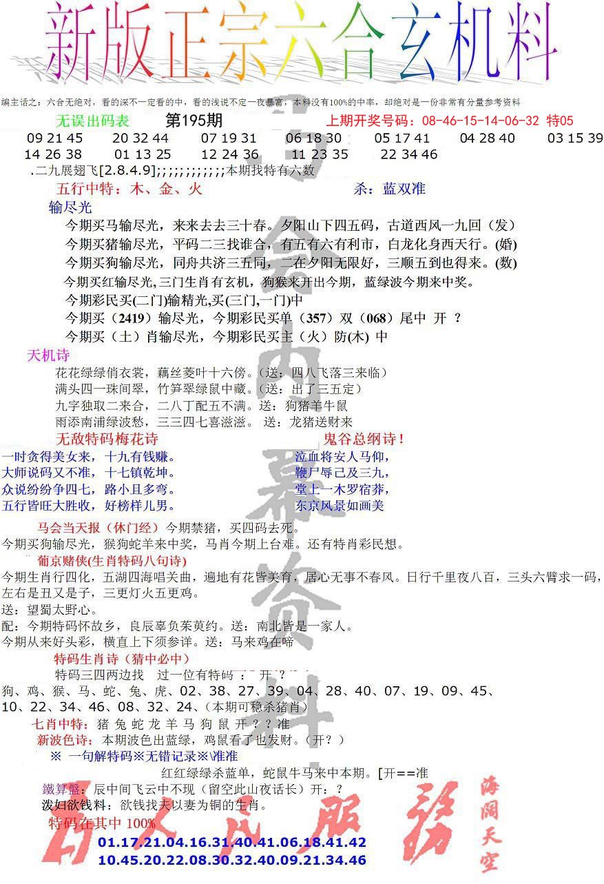 2024195期正宗六合玄机料