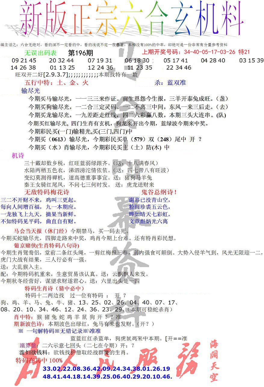 2024196期正宗六合玄机料