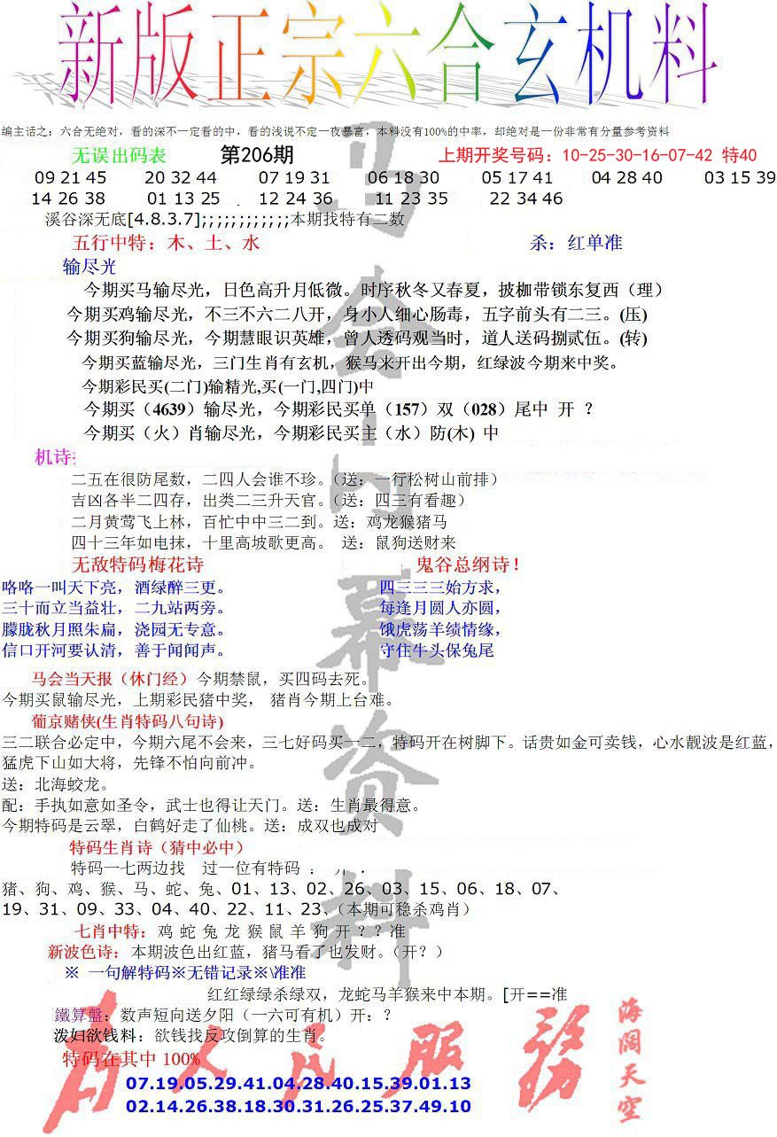 2024206期正宗六合玄机料