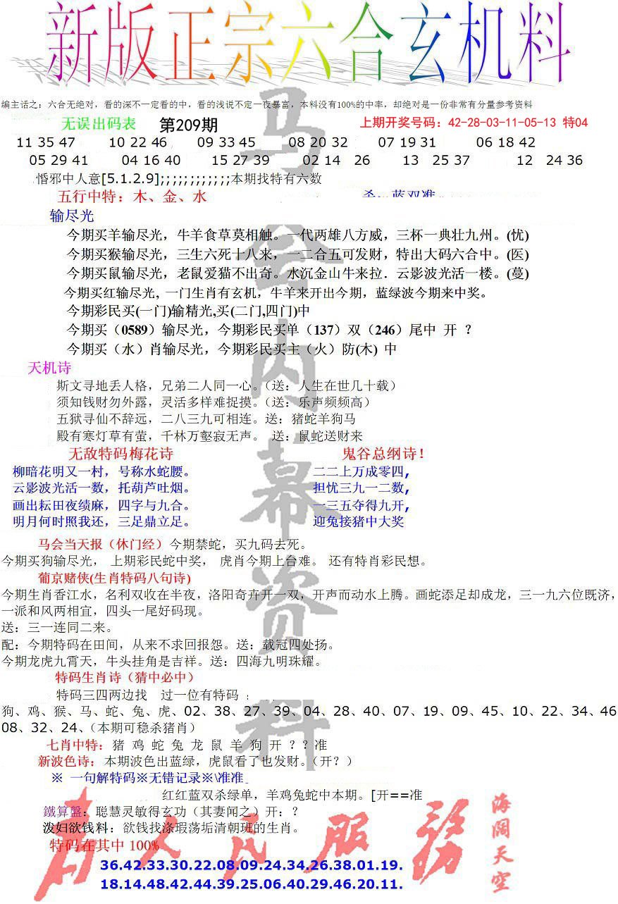 2024209期正宗六合玄机料