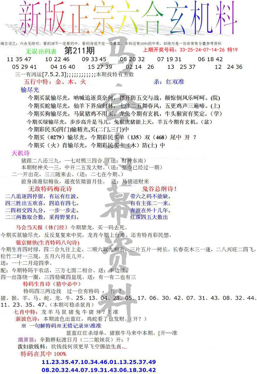 2024211期正宗六合玄机料