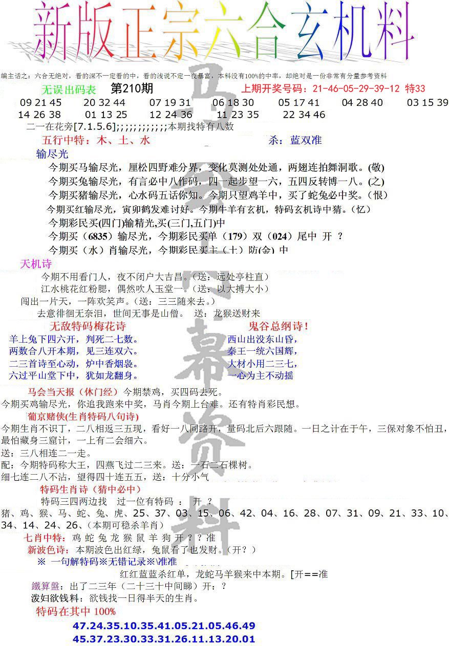 2024210期正宗六合玄机料