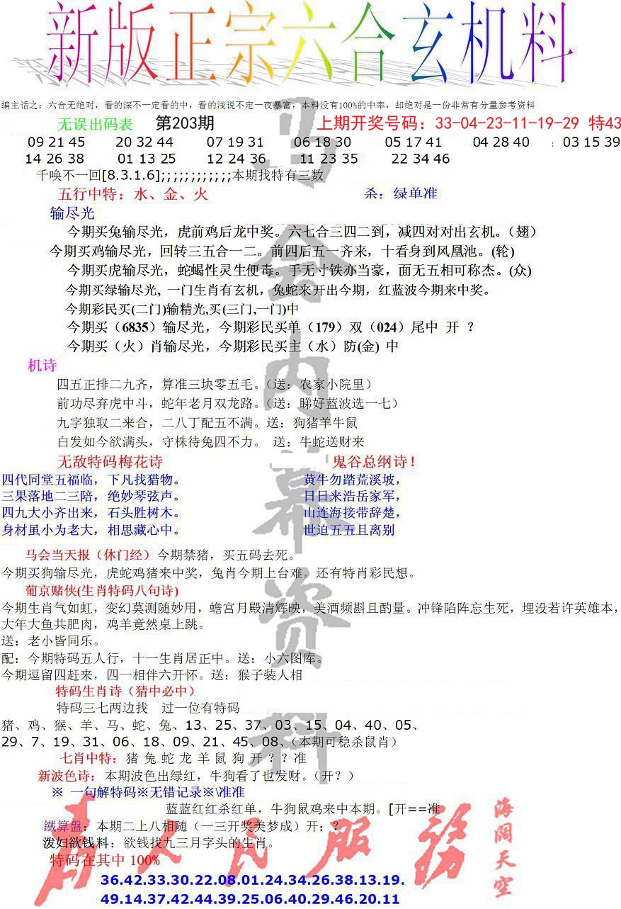2024203期正宗六合玄机料