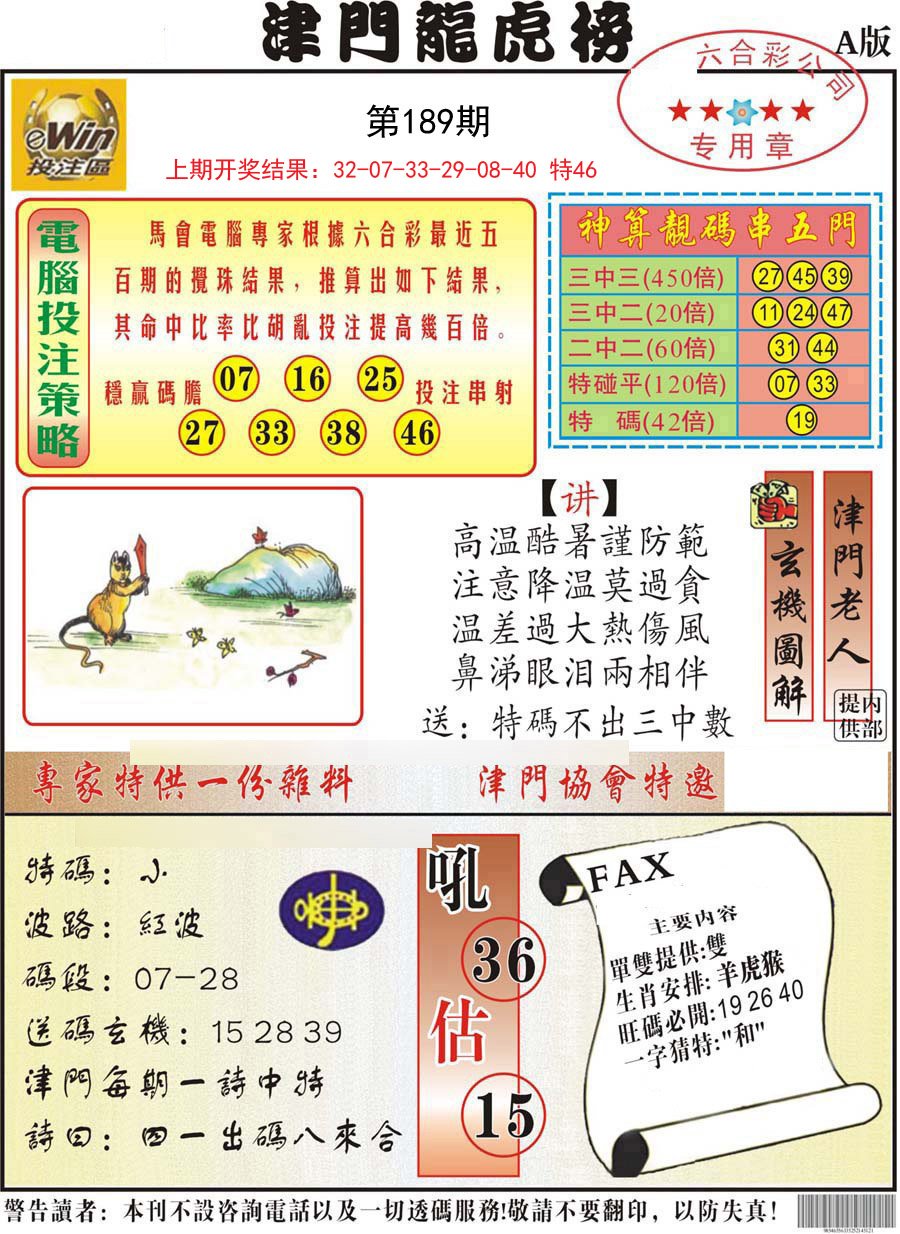 2024189期津门龙虎榜A
