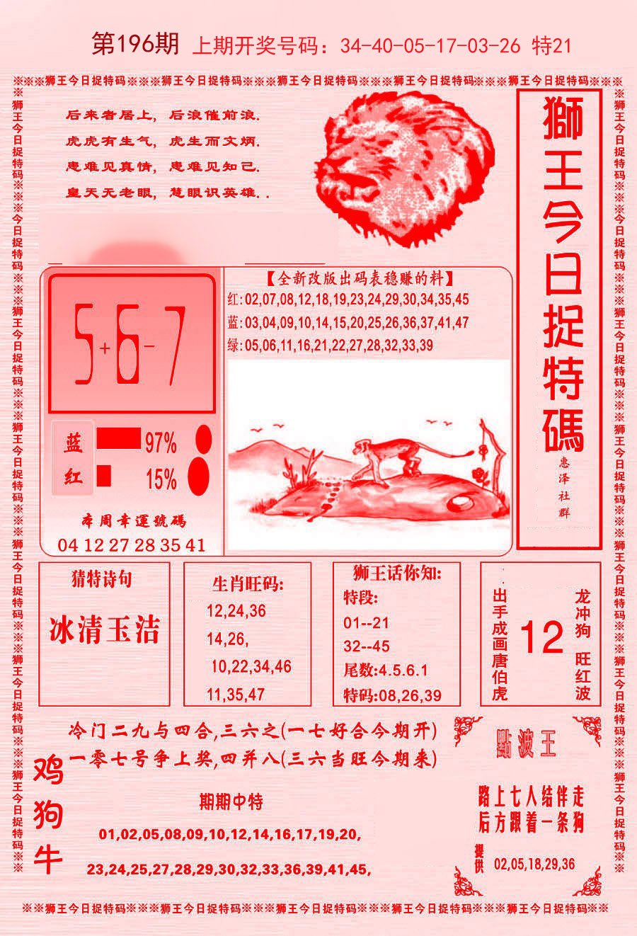 2024196期狮王今日抓特码