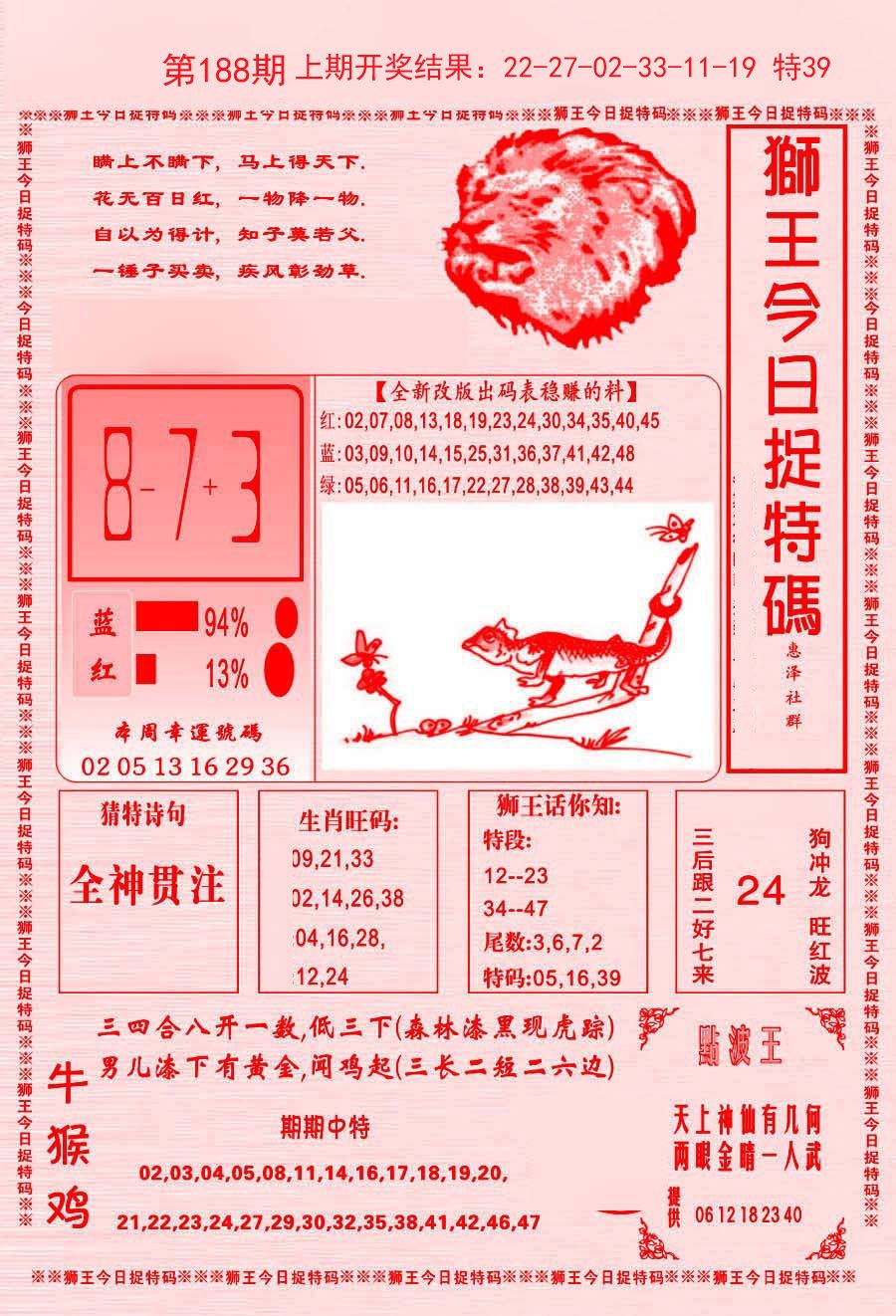 2024188期狮王今日抓特码