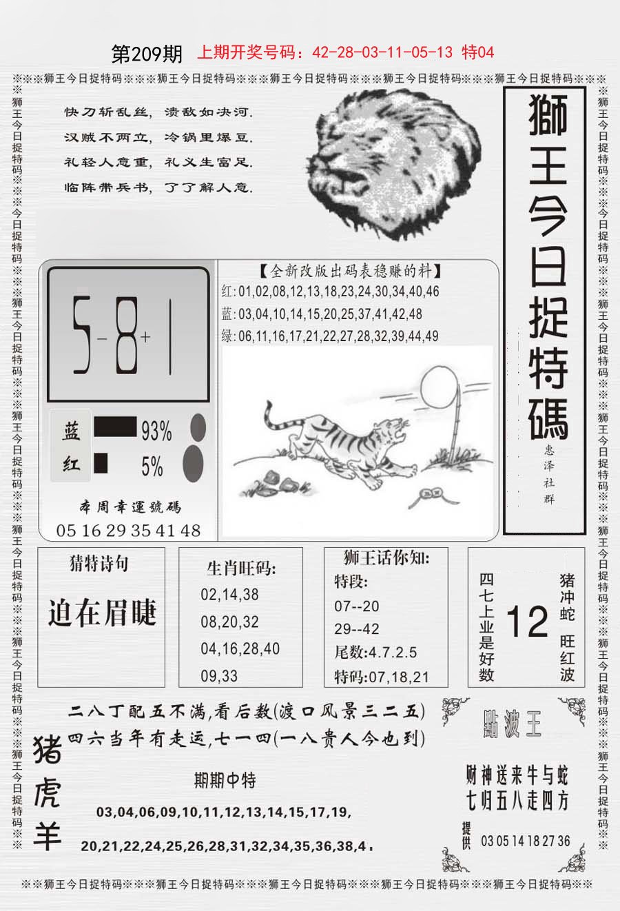 2024209期狮王今日抓特码