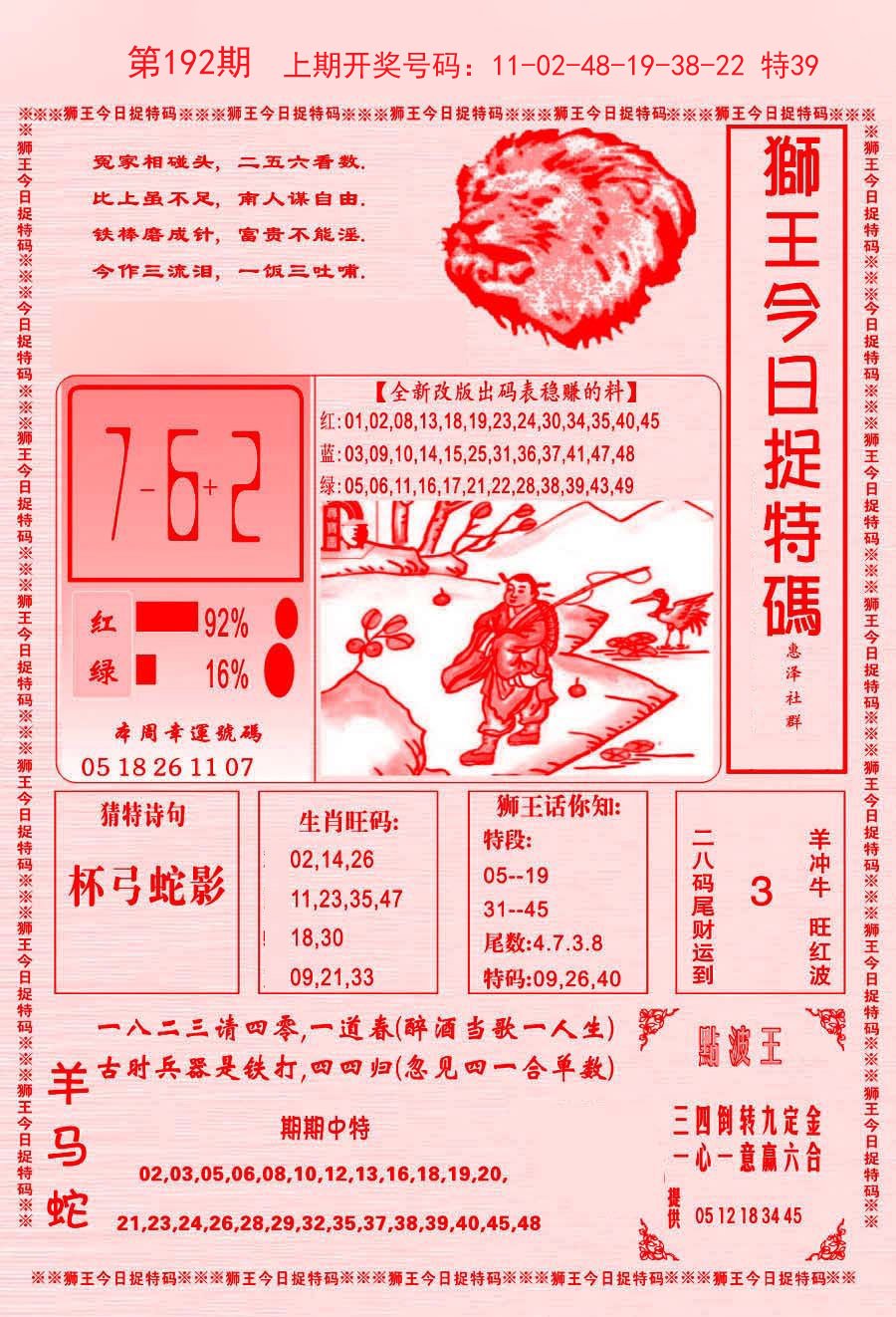 2024192期狮王今日抓特码