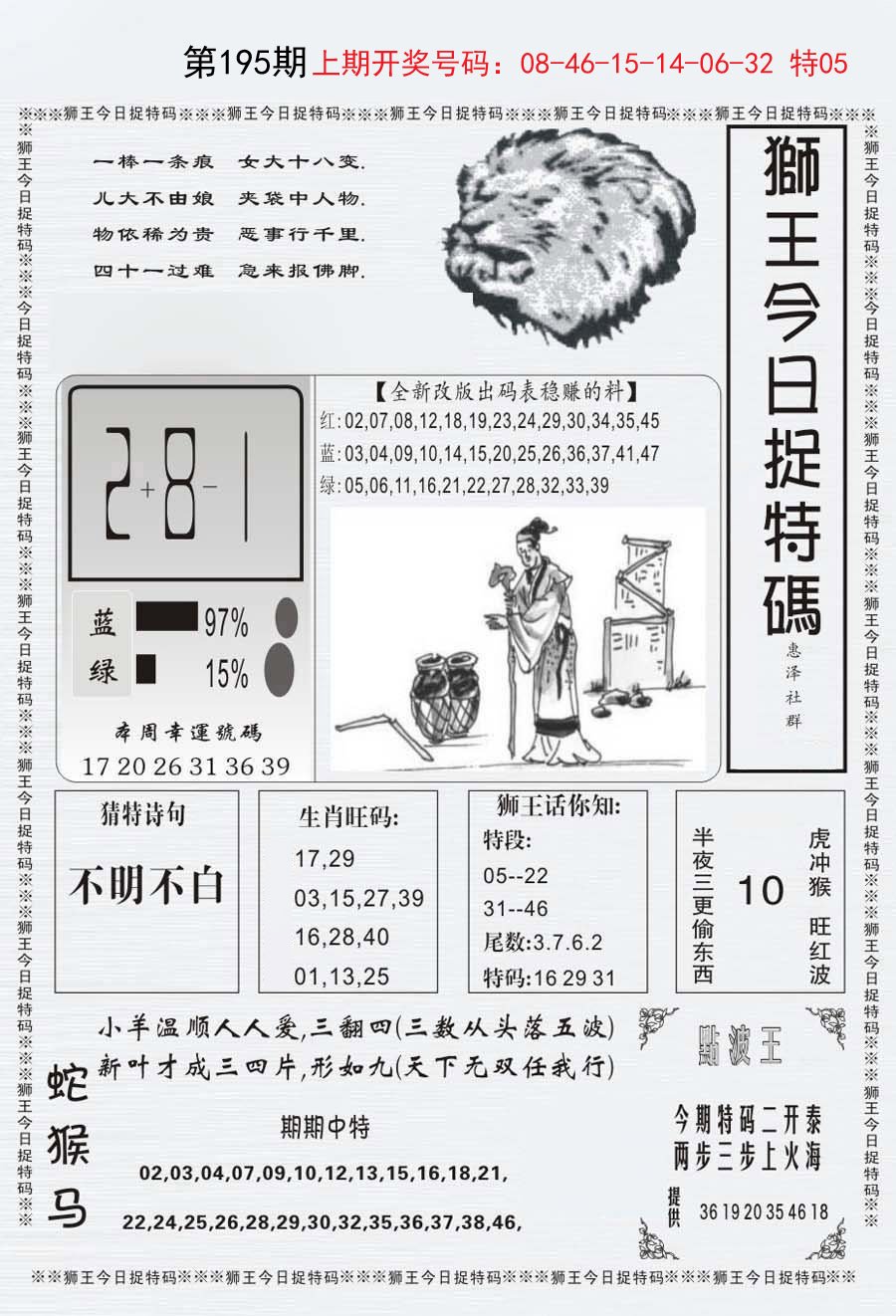 2024195期狮王今日抓特码
