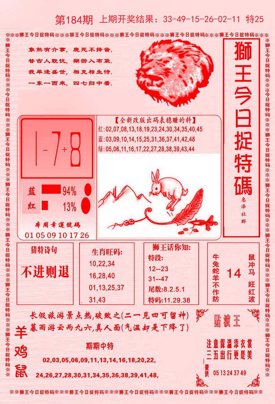 2024184期狮王今日抓特码
