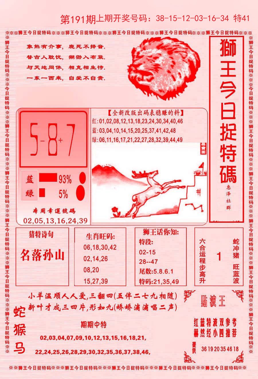 2024191期狮王今日抓特码