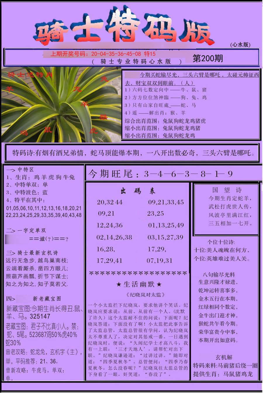 2024200期骑士特码版