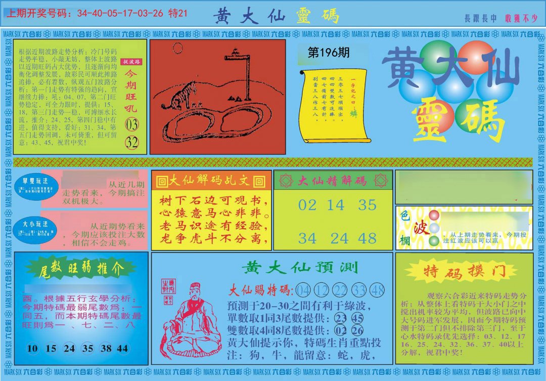 2024196期黄大仙灵码A
